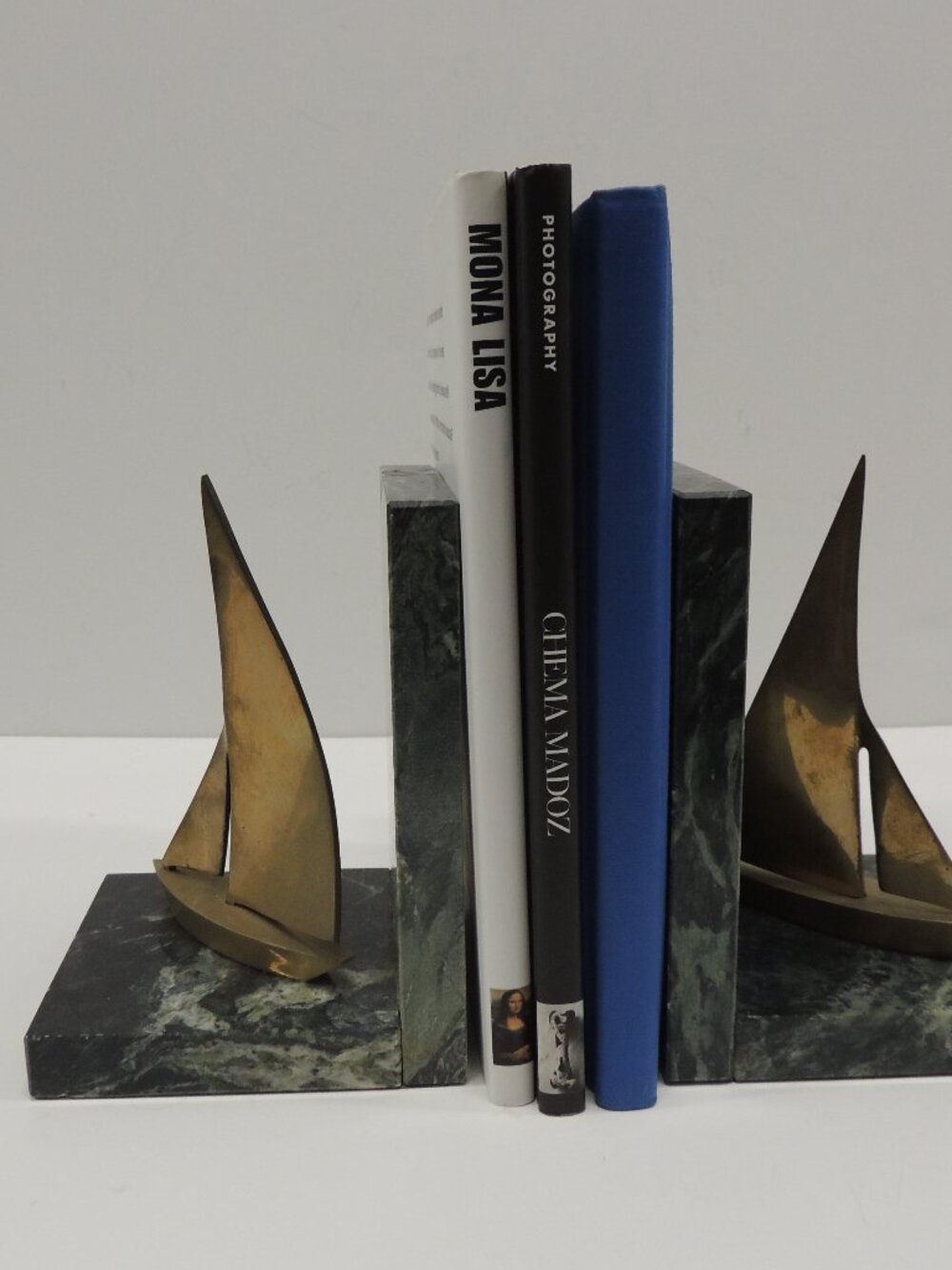MCM Vintage Brass Sailing Boats and Green Marble Bookends